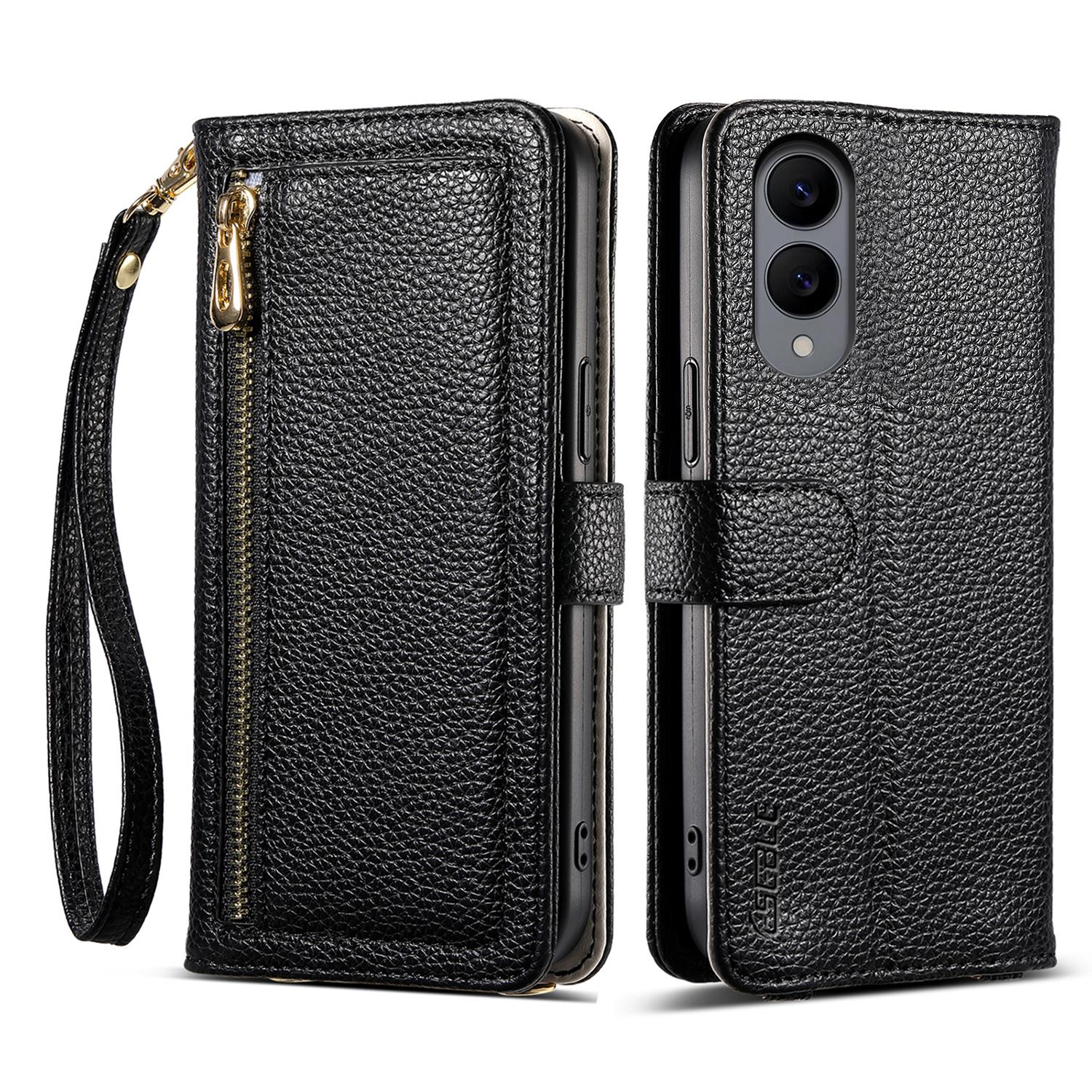

ESEBLE E11 For Samsung Galaxy S25 Edge Case Zipper Pocket Litchi Texture Leather Phone Cover with Mirror and Wrist Strap D