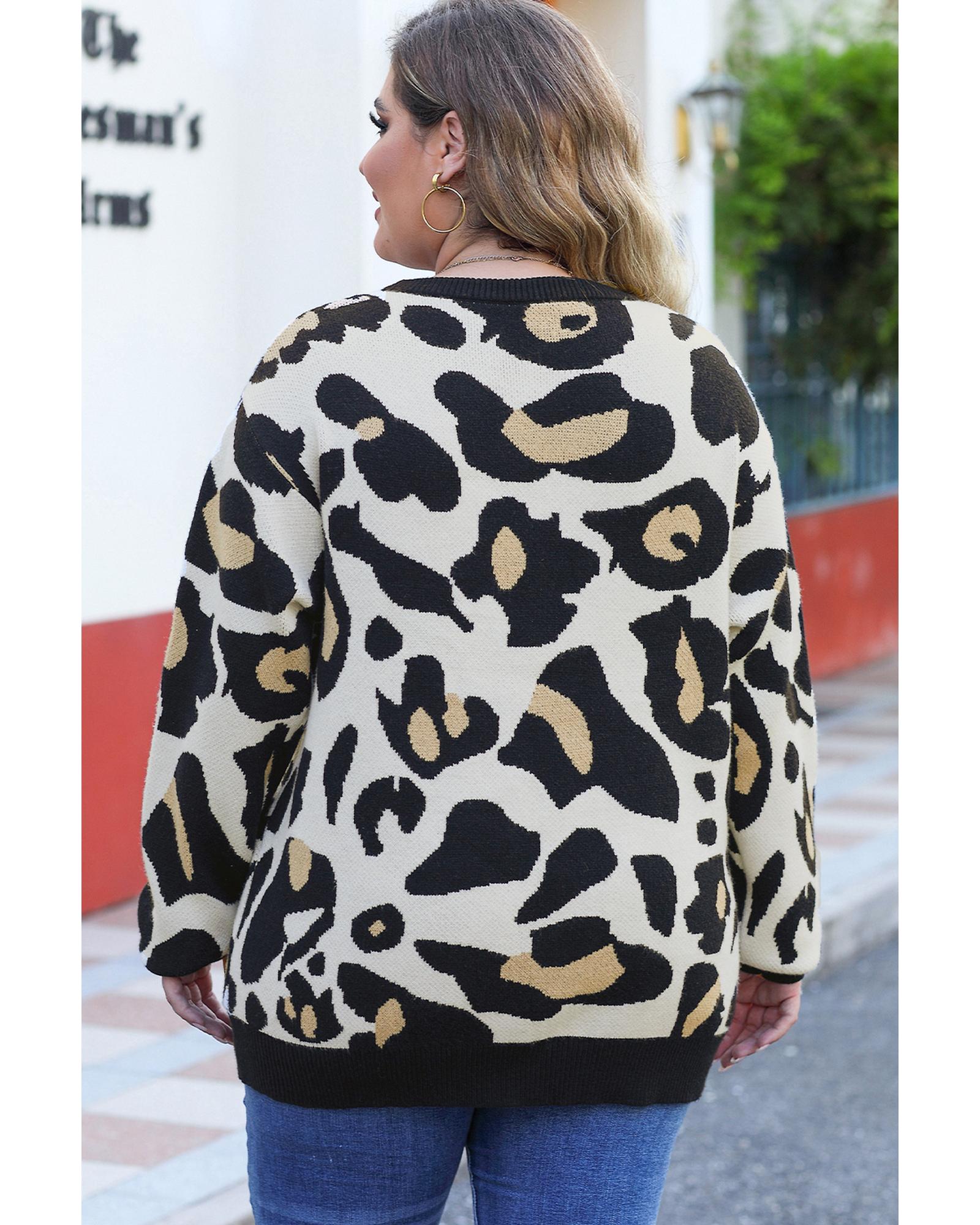 

Azura Exchange Свитер размера плюс с леопардовой рубчатой отделкой и карманами 3X леопардовый