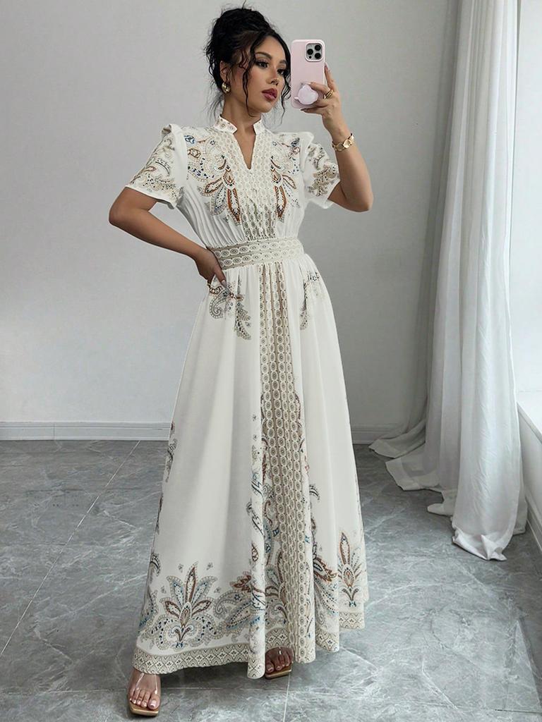 Retro Paisley Hochtailliertes Spitzenbesetztes Langes Kleid - Damen Sommerkollektion 2025