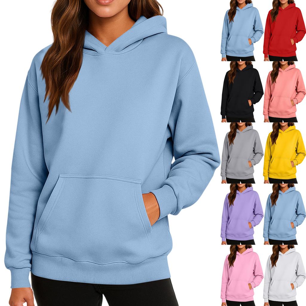 Ladies' Fashionable Solid Color Casual Hooded Pocket Long Sleeved Sweatshirt