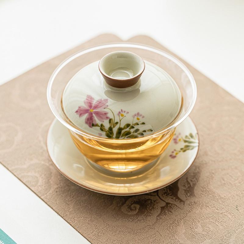 Hand-painted Daisy Gaiwan Sancai Glass Tea Tureen Ceramic Covered Bowl Chinese Kung Fu Tea Set Household Teaware Teacup with Lid