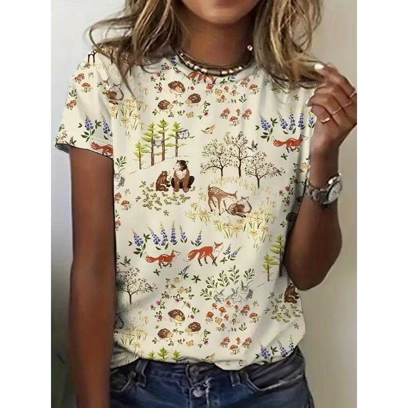 Fashionable and creative new flower print women's round neck short-sleeved T-shirt tops
