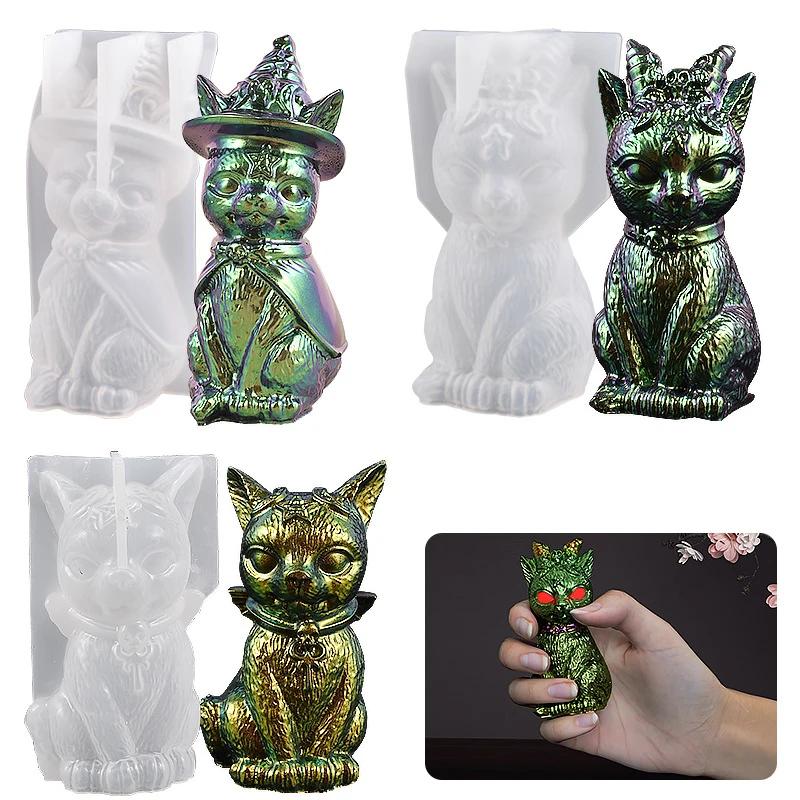 1pcs Devil Cat Candle Holder Resin Molds, Magic Cat Molds, Epoxy Resin Casting Pirate Cat Plaster Molds, Animal Pendant Molds