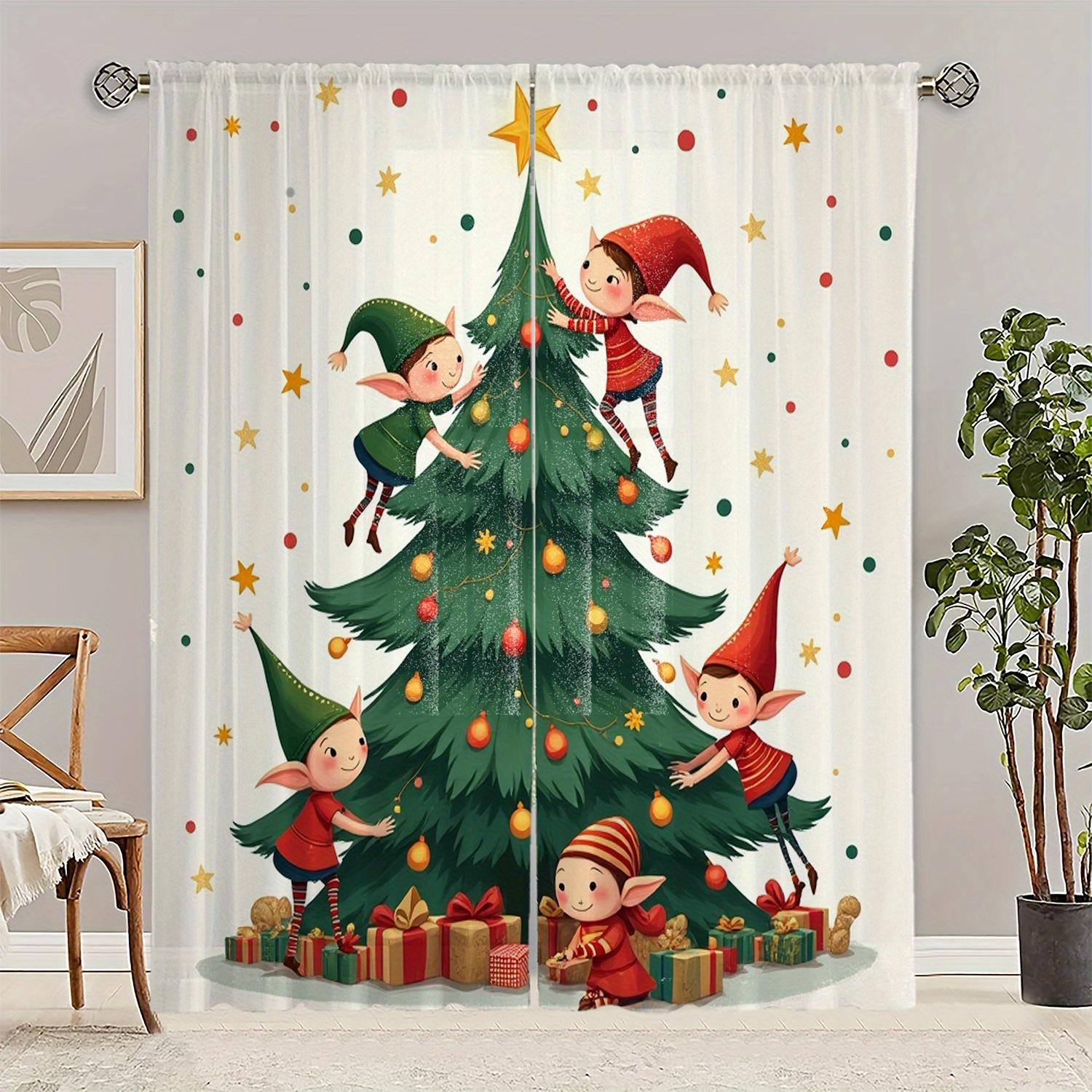 

Set Of 2 Elf Christmas Tree Curtains Colorful Star Ornament Print Polyester Bedroom Living Room Decor Made Window Treatment W100*H70(CM)-Grommet top&1PCS