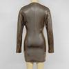 Women's Sparkly Ruched Bodycon Dress Sexy Deep V Neck Long Sleeve Mini Dress Metallic Party Club Night Dress