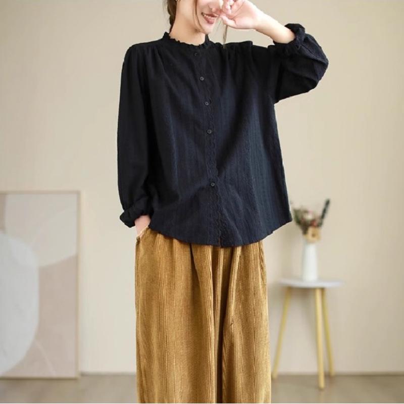 Women's Retro Cotton Linen Embroidered Ruffled Hem Shirt