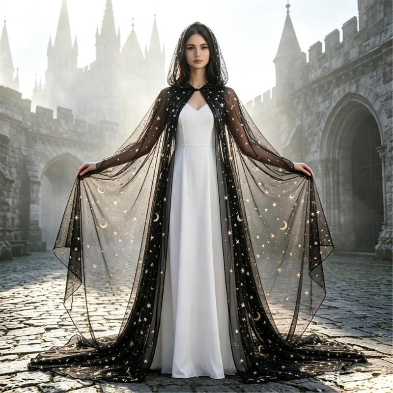 Schwarzer durchsichtiger Netz-Hexenmantel mit Kapuze für Damen mit goldenem Sternen-Mond-Muster für Halloween-Party-Kostüm-Styling-Kleidung