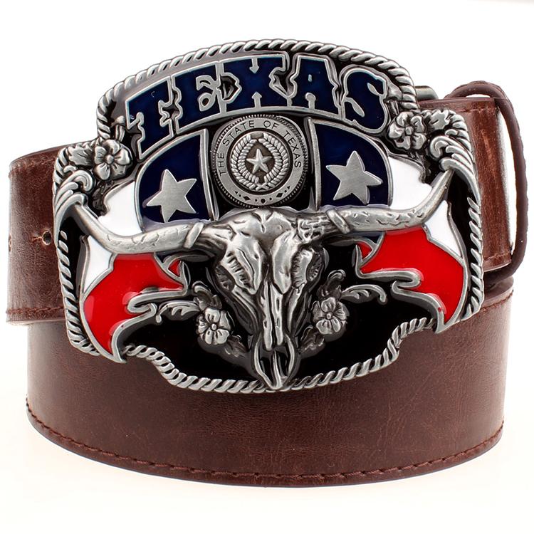 Wild West TEXAS Cowboy Belt Bull Skull Head Metal Buckle American Texan Pride Fashion Waistband For Men