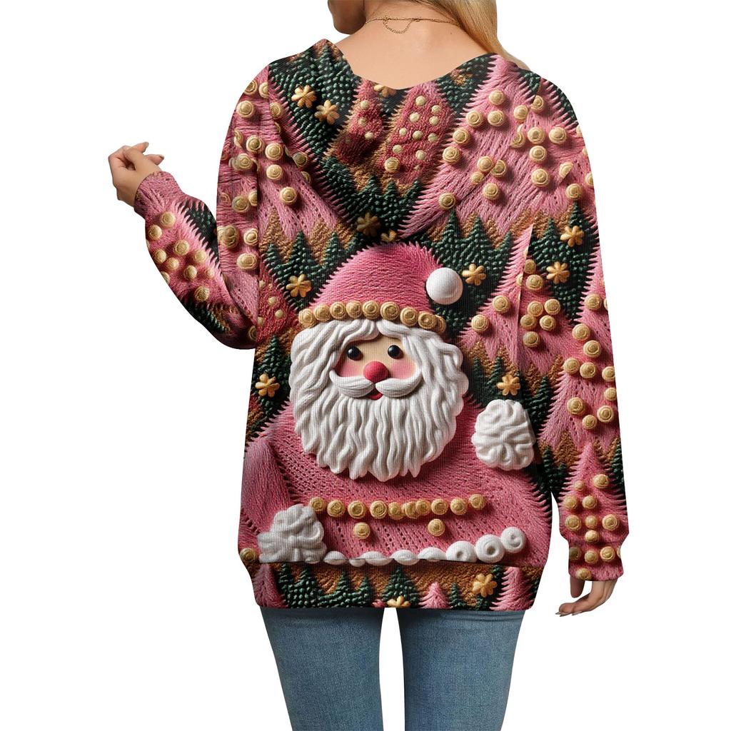 Women's Casual Fashion Long-Sleeved Zip-Up Christmas Print Knitted Hoodie