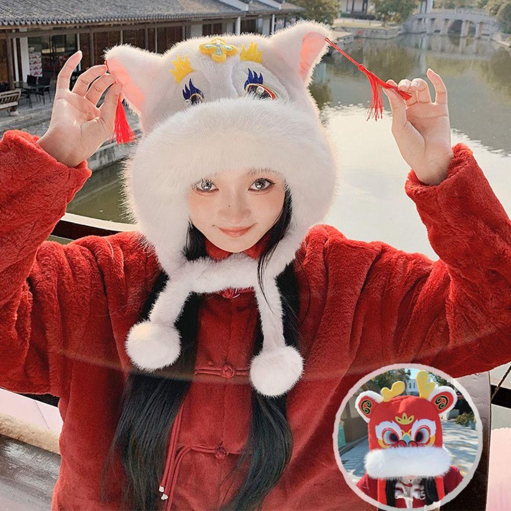 Ear Muffs New Year Pullover Cap Lace Up Winter Plush Warm Hat Lion Dance Beanies Hat Outdoor