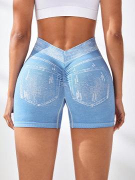 Nahtlose Yoga-Shorts für Damen in Jeans-Optik, hoher V-Bund hinten, Po-Lifting, eng anliegend, für Laufen, Fitness, Dreipunkt-Hose