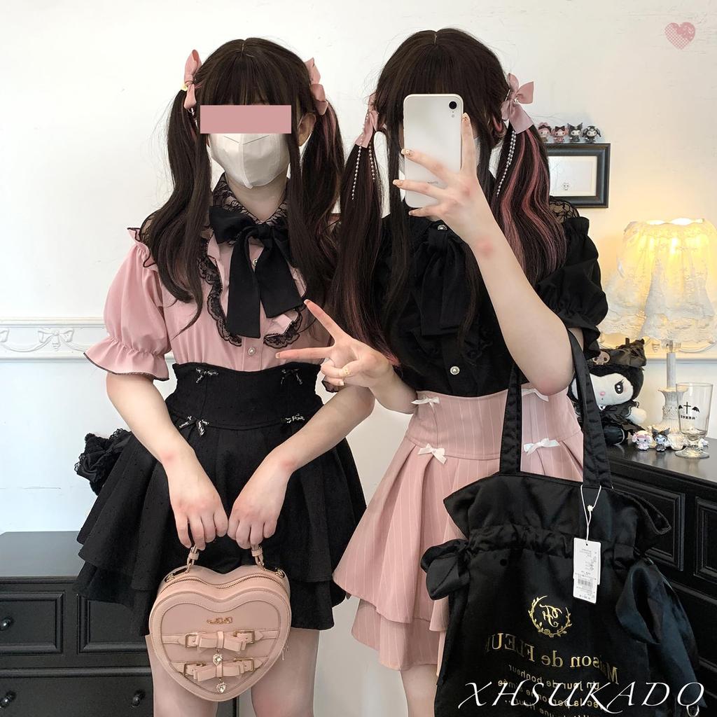 Short Detachable Flared Chiffon Pink [XHSUKADO] Women's Open-Shoulder Blouse, Cute, Sleeve, Ribbon, Ruffles, Lace, Sleeves, Fashionable, Lolita,