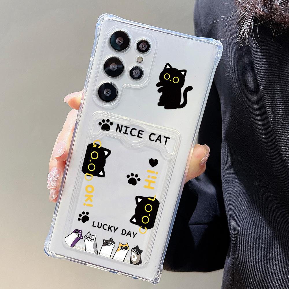 Silicone Cat Card Holder Case For Samsung A06 A05s A05 S24 Ultra S23 Plus S22 S21 S20 FE A10s A10 A04 A03s A04E A03 Funda Cover