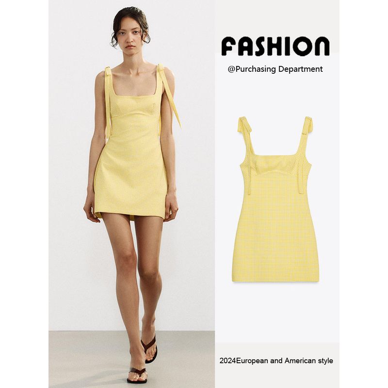Za2025 Summer New Women Clothes Sexy Sling Bowknot Decoration Small Plaid Short Dress 2180305 047