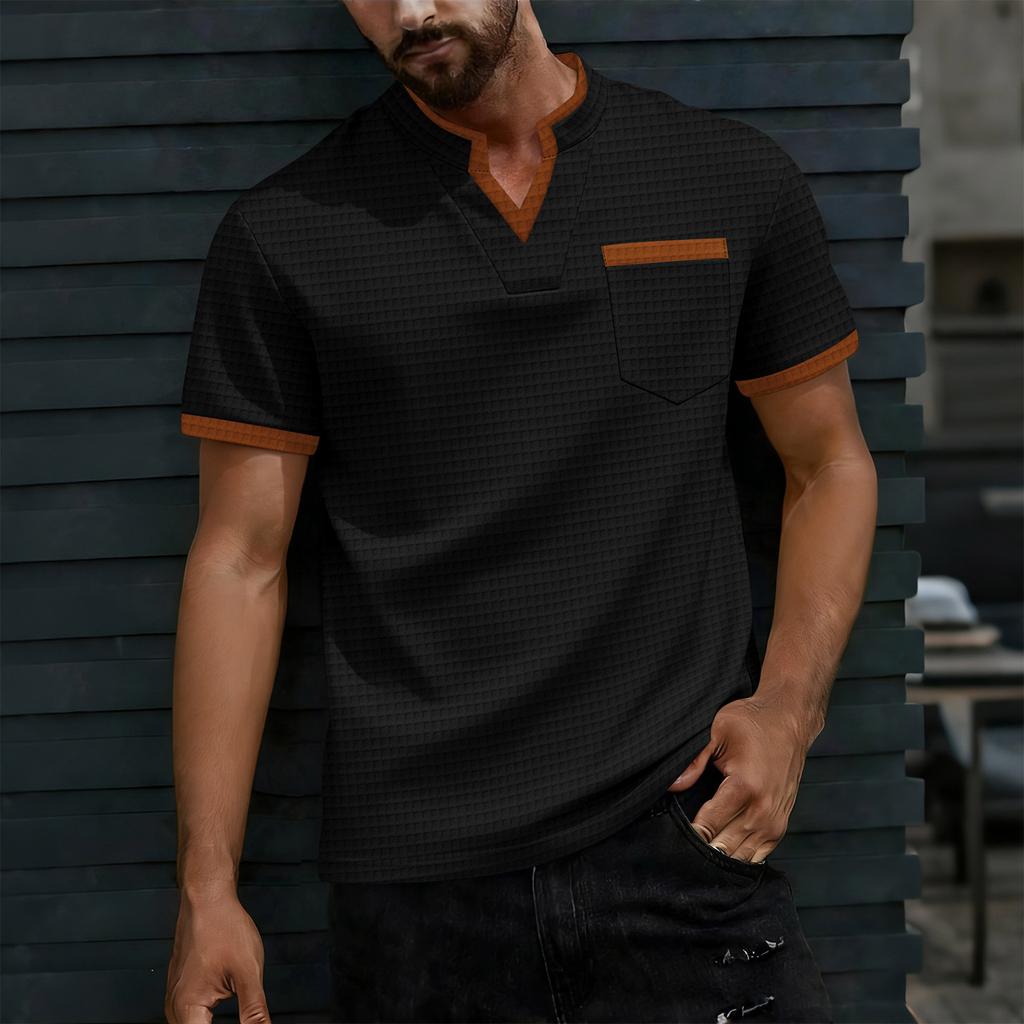 Men's Color Blocked V-neck Single Breasted Shirt Men's Casual And Comfortable Short Sleeved Shirt