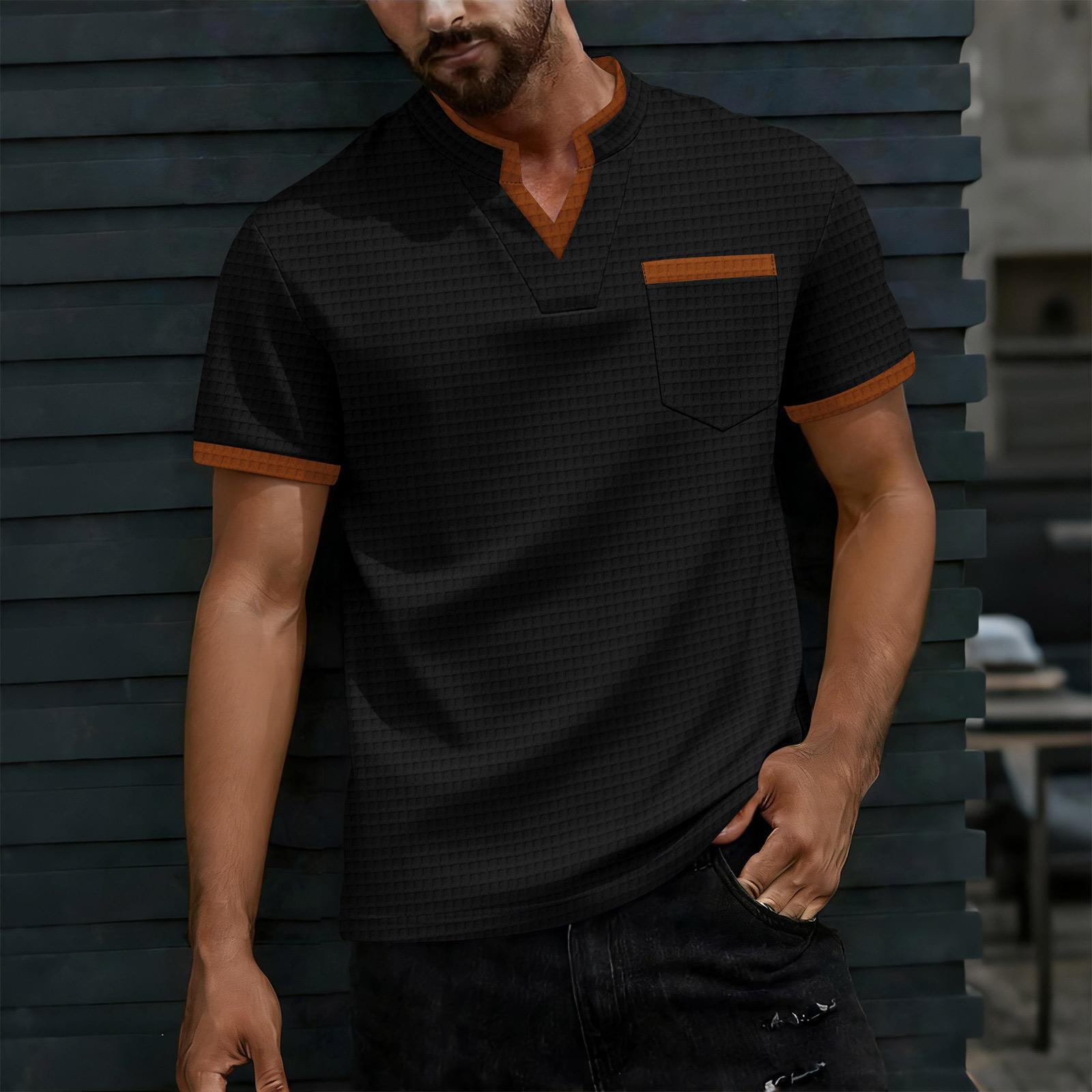 

Мужская рубашка с V-образным вырезом и блоками цвета, на одной пуговице Мужская повседневная и удобная рубашка с коротким рукавом L чёрный