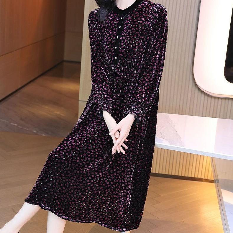 Spring Autumn Women's Plus Size Dress Gold Velvet Polka Dot Print Dress Loose Retro Mid-Length A-Line Dress