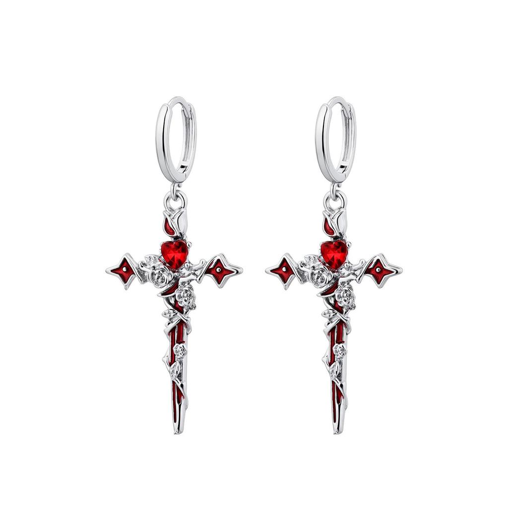 Women's Autumn/Winter Red Cross Rose Heart Earrings: Hoops, Studs & Dangles