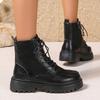 Fashion 2025Summer Autumn Women Ankle Boots Classic Beige Black Leather Gothic Punk Shoes Mid Heels Short Combact Boots Platform Shoes