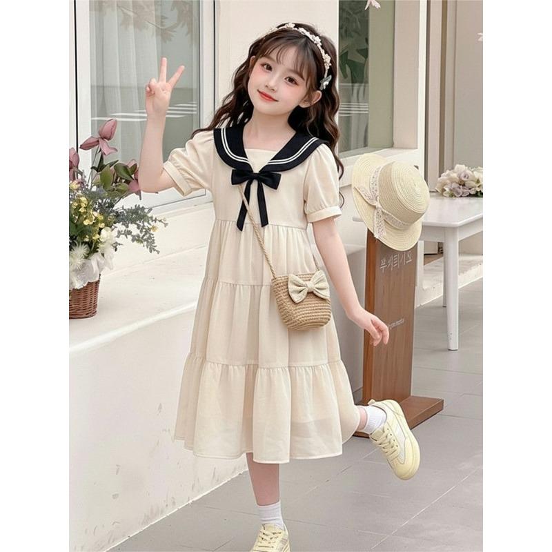 Sweet Peach-colored Dress for Girls - Summer Children's School-style Princess Dress