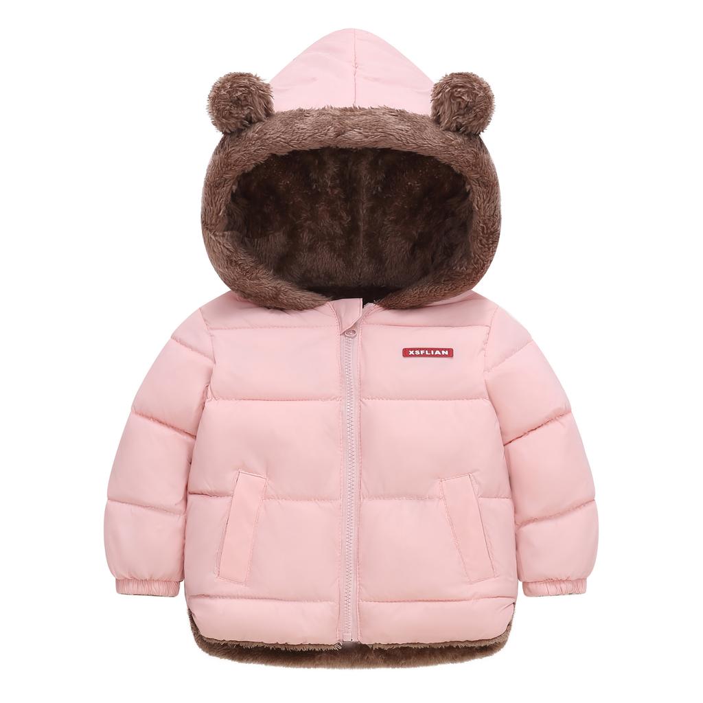 Kids Winter Fleece Lined Coat Cartoon Bear Ear Hooded Thick Warm Cotton Jacket For Boys Girls Zip Up Outerwear