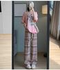145cm Vintage Pink Plaid Drawstring Wide Leg Pants - Women's Slimming Straight Leg Summer Casual Loose Fit