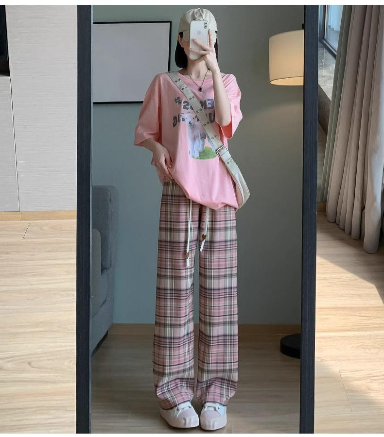 145cm Vintage Pink Plaid Drawstring Wide Leg Pants - Women's Slimming Straight Leg Summer Casual Loose Fit