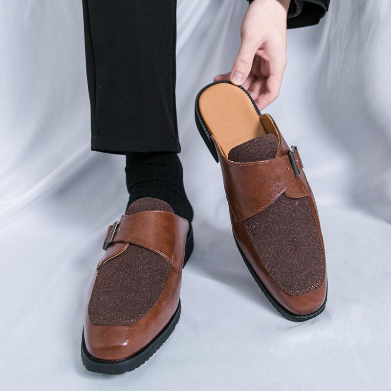 

Sandals summer large size breathable lazy leather slippers men s European, American and British heelless one pedal foreign trade men s shoes 46 коричневый