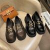 2025 new autumn and winter leather platform loafers women's round head metal buckle British style Shilin small leather shoes