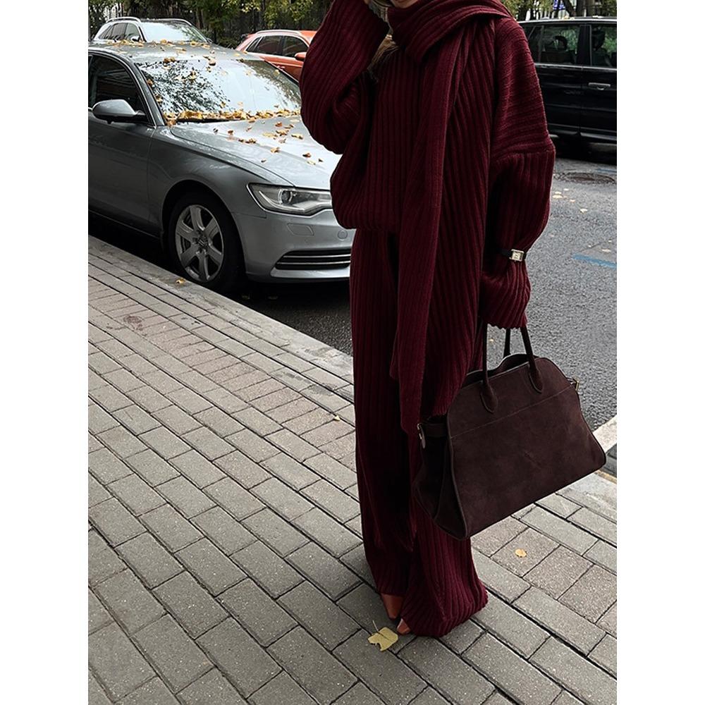 Autumn and Winter Wool Suit Women's Autumn and Winter High-end Sense Solid Color V-neck Sweater Straight Trousers Two-piece Set Women