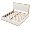 140x200 Upholstered Platform Bed, White + Natural Wood Tone