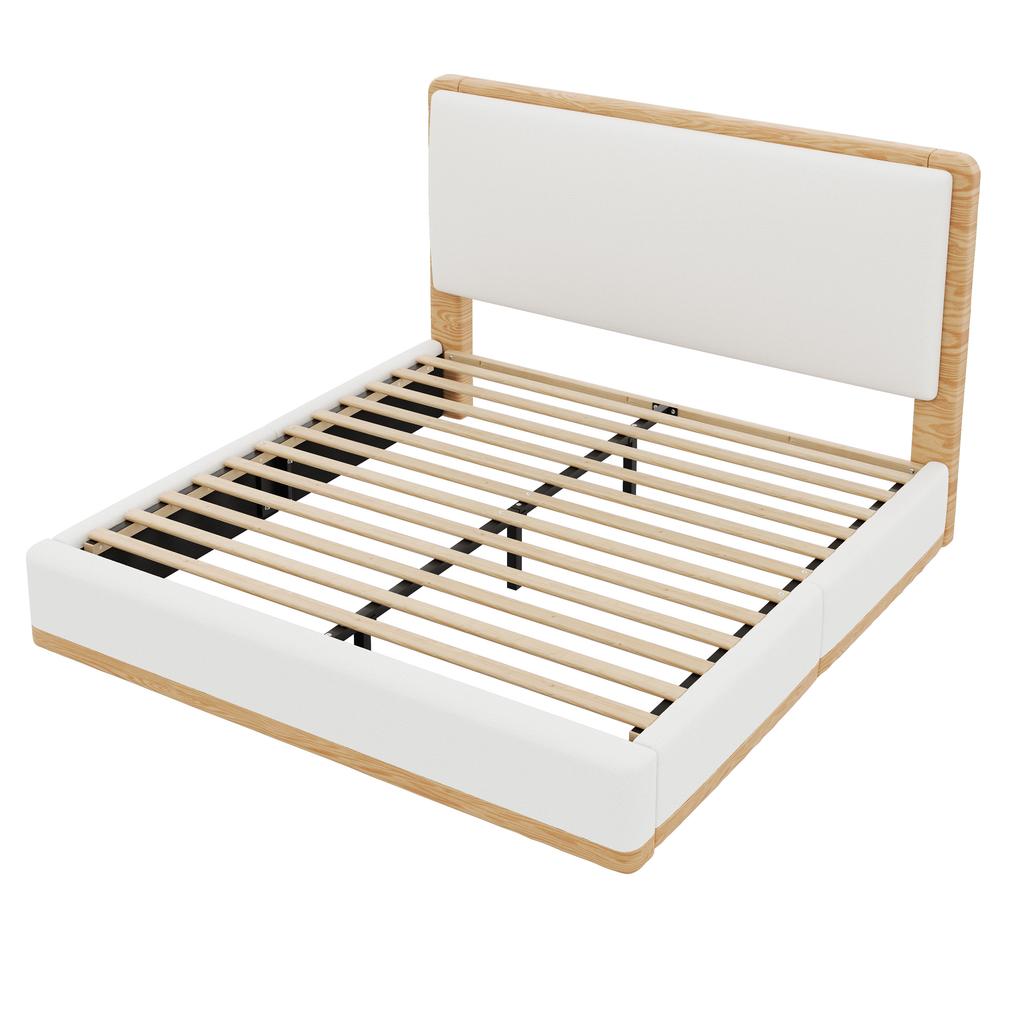 140x200 Upholstered Platform Bed, White + Natural Wood Tone