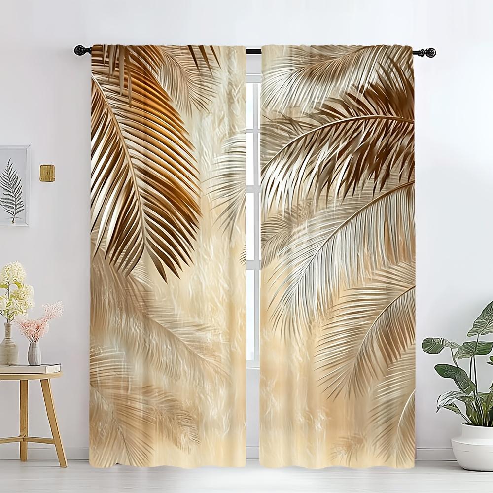 Set Of 2 Brown Palm Leaf Print Pattern Curtains Polyester Fabric Suitable Bedroom Living Room Decoration Curtain For Sitting Made