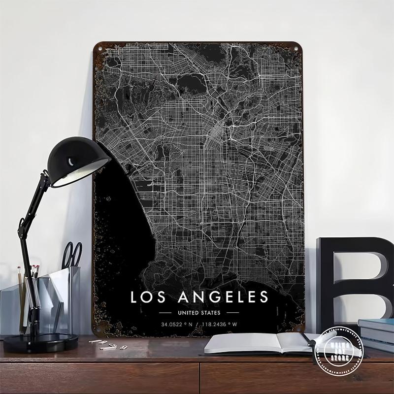Los Angeles City Map Dark Tinplate Poster Customized Wall Art Vintage Metal Signs Retro Tin Plaque for Desk Decor House Home