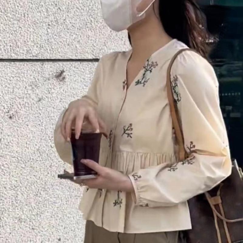 Košile Ženy Výšivka Sklady Navrženo Útulný Sladký Vintage Francouzský Styl Temperament Květiny Topy Všestranné Jednoduché Dámské Jaro