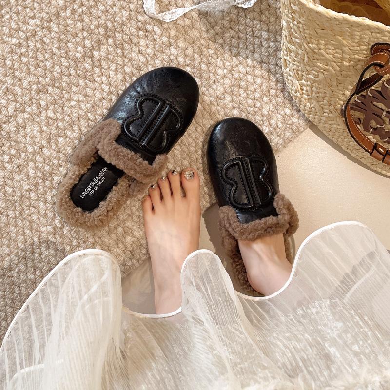 Soft leather version~ Baotou half slippers women wear flat-soled Muller shoes 2025 autumn new one-pedal lazy shoes