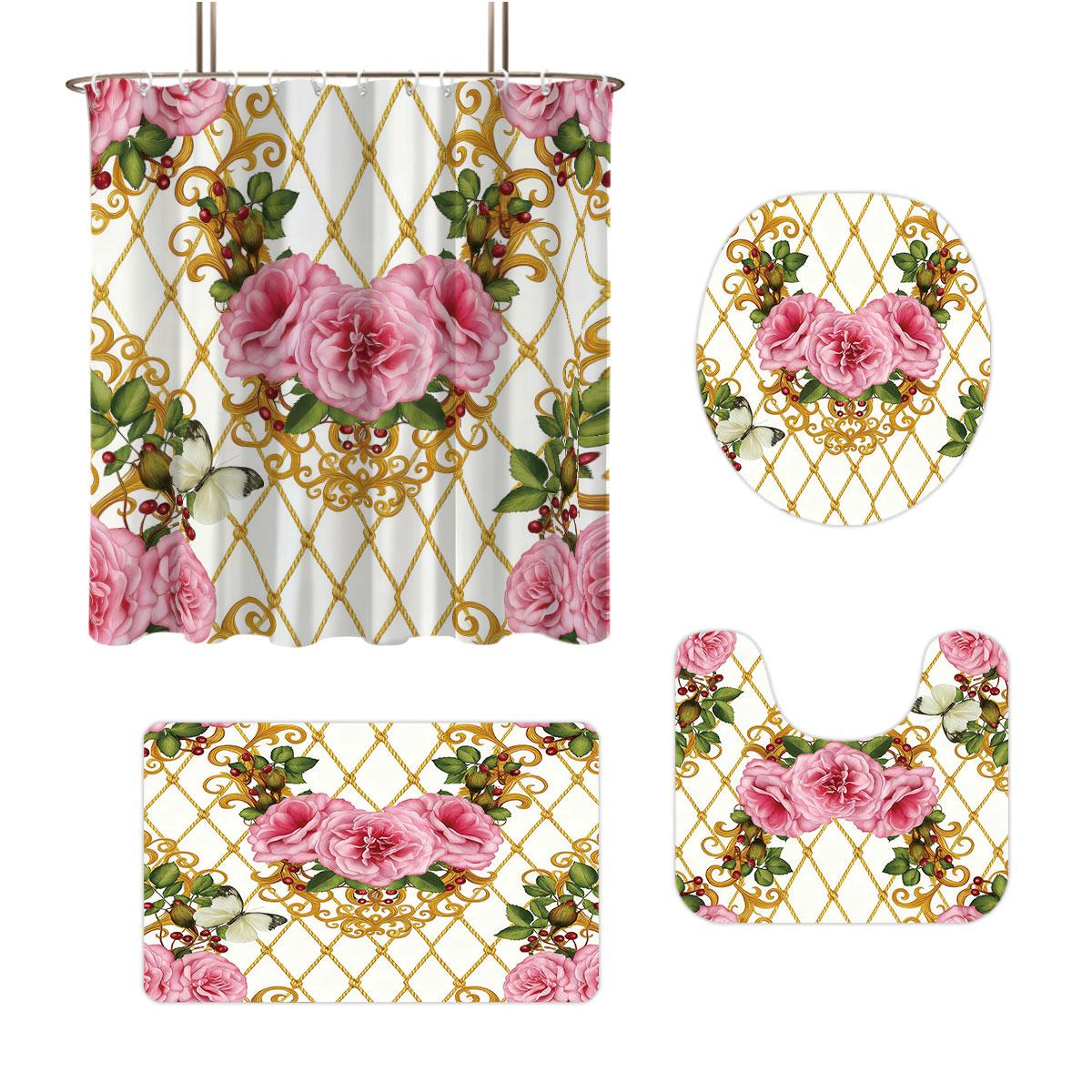 

Beautiful Floral Print Bathroom 4-Piece Set 180X180 Waterproof Shower Curtain Floor Mat U-Shaped Toilet Mat Regular