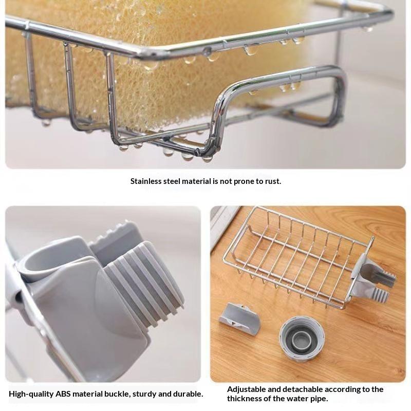 Drill Free Stainless Steel Kitchen Sink Drain Rack Large Capacity Sponge Soap Storage Holder for Small Bathroom Sink Organization