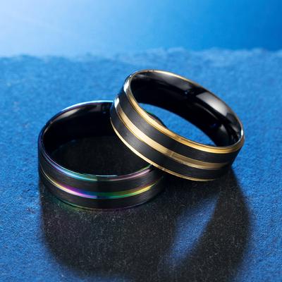 Titanstahl Herren Zweifarbig Ring mit Sandrille Schwarz Space Siebenfarbiger Ring Modisch und Trendig