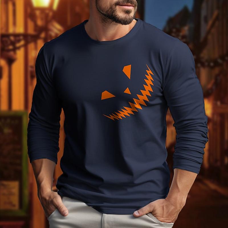 Men's Casual Autumn Breathable Long Sleeve Crewneck Printed Evil Smiley Face Pattern Clothing Y2K Top Men's Long Sleeve