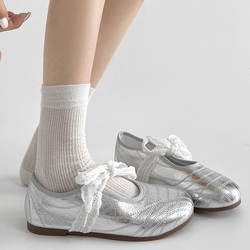 Silver ballet style round head inner height increase flat bottom shallow mouth single shoes women's summer 2025 new versatile French Mary Jane shoes