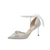 Women's Bowknot Pumps Shoes Pointed Toe High Heels Stiletto Pearl Ankle Strap Closed Toe Wedding Party Dress Sandals for Women Strappy Heeled Pumps
