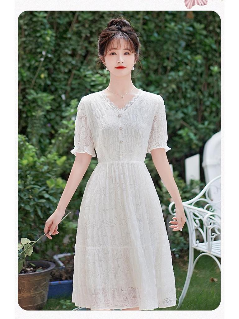 2024 Summer White Slim V-Neck Fairy Lace Dress – Mid-Length, Flattering Fit