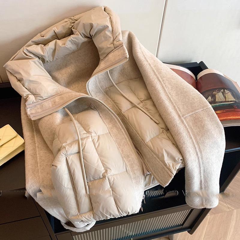 Women's Versatile, Stylish Short-Sleeve Patchwork Hooded Cotton Jacket for Fall/Winter