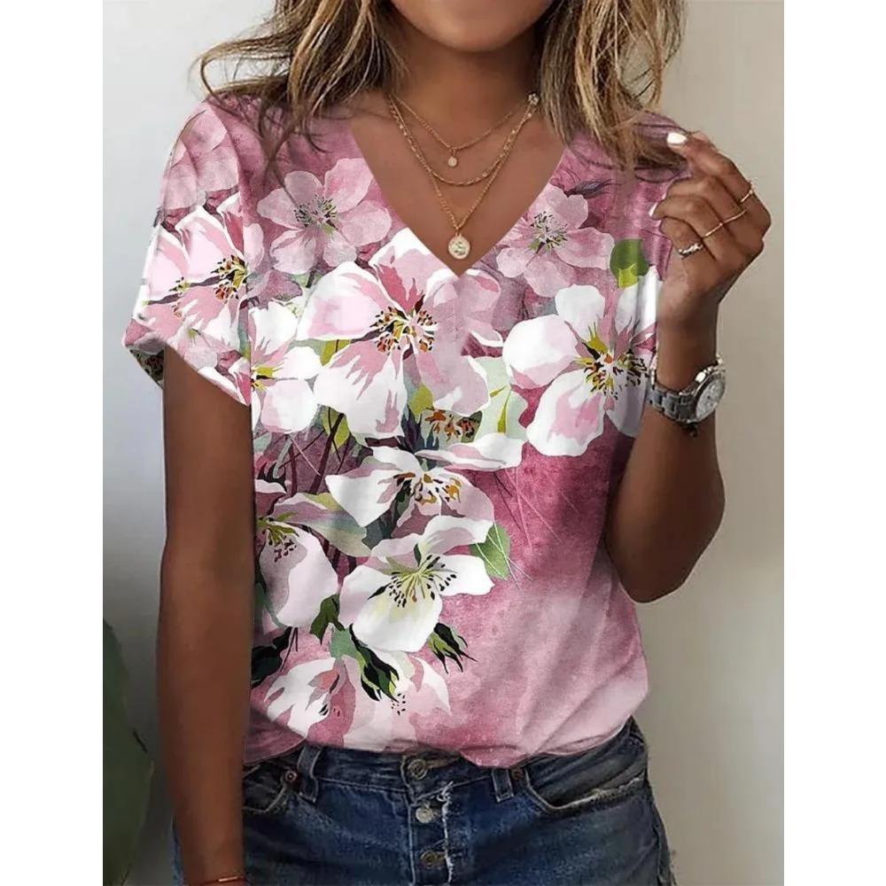 Women's Abstract Floral Painting T Shirt Summer Casual Loose Graphic Print V Neck Basic Top Fashion 3D Print Plus Size Clothing