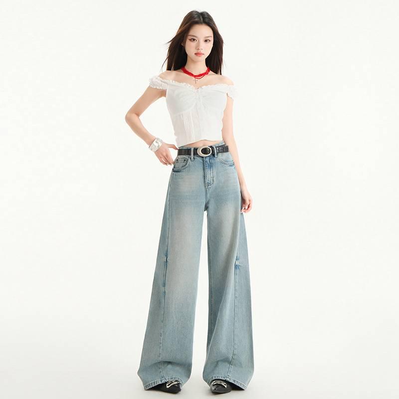 Women s Washed Denim Straight Leg Wide-Slimming Floor-Length Jeans Large