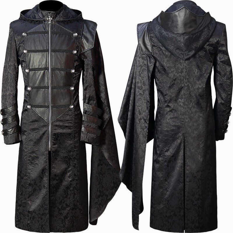 Men s Black Stand Collar Leather Punk Gothic Uniform Cape Coat XXL