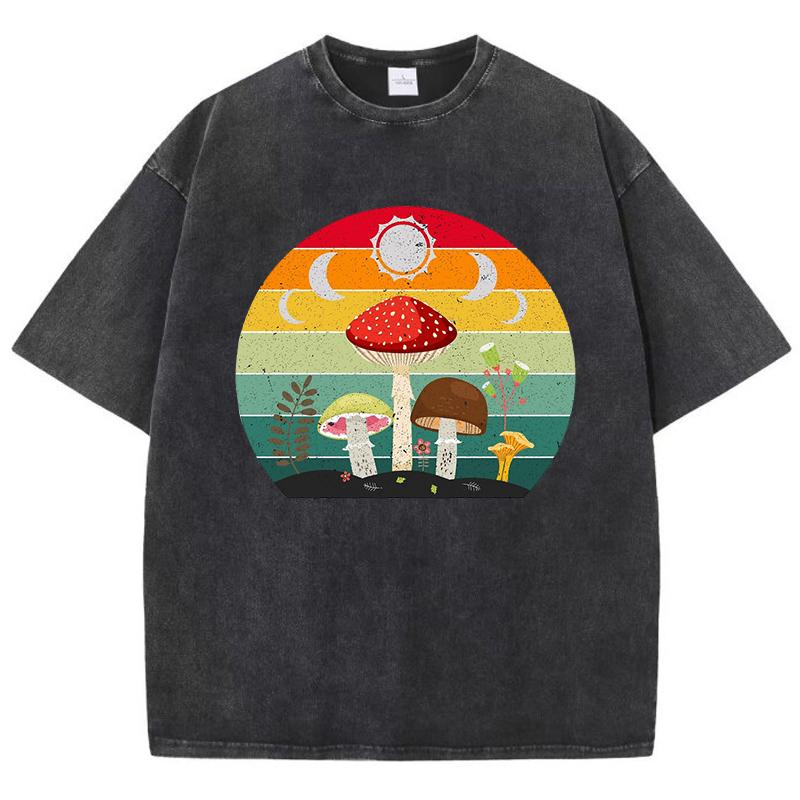 Cottagecore Aesthetic Mushroom Moon Design Washed T-Shirt Women Cotton Vintage Clothes Casual Sportswear Summer T Shirt
