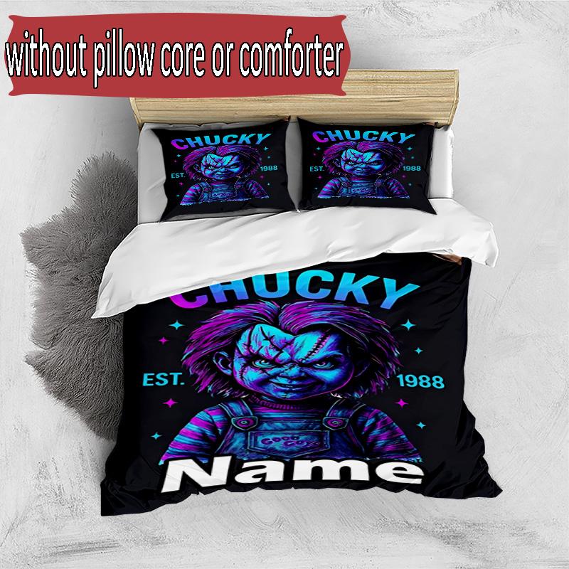 Set cuvertură de pilota 3 buc (1 * Husă de pilota + 2 * Față de pernă, Fără Miez), Set de așternut personalizat cu nume și model Bride of Chucky, Cadou Decor Dormitor Acasă