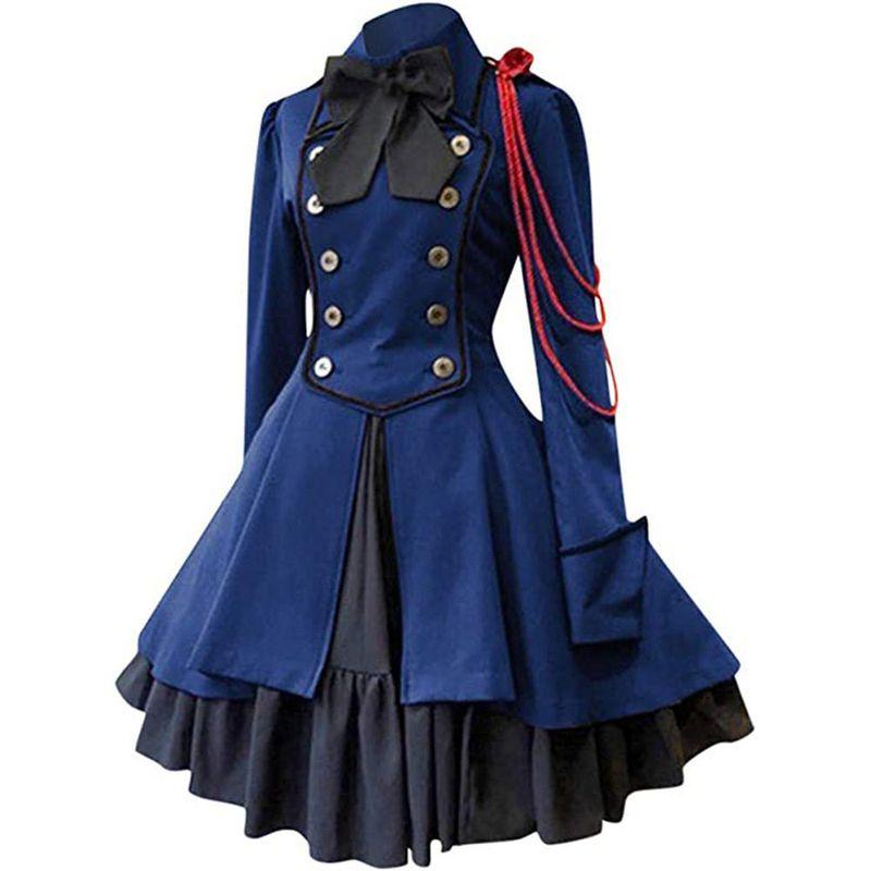 Medieval Artsy Renaissance Retro Gothic Dress Bows Long Sleeves Ruffles Steampunk Cosplay Blue XS